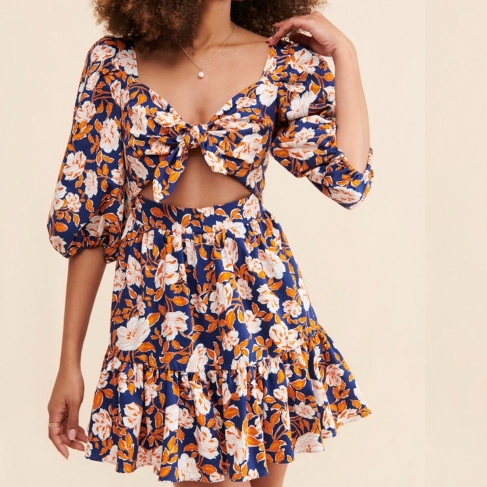 AMUR Size 6 Blue Floral Print Medina Cut-Out Mini Dress Wedding Party Cocktail